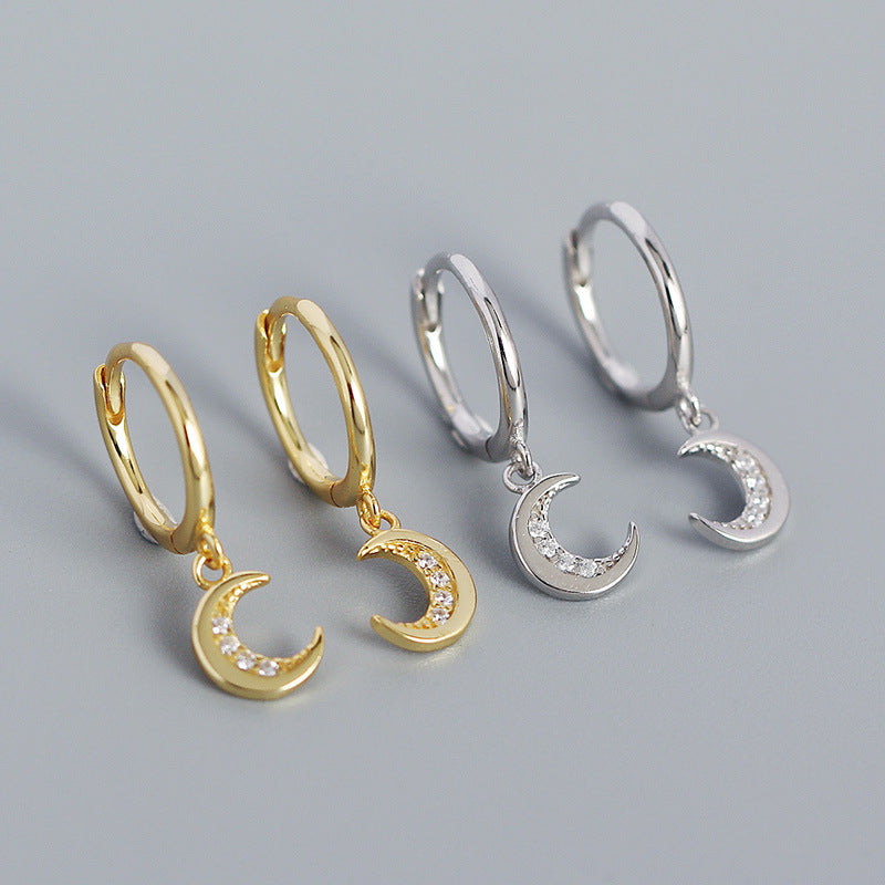 Sweet CZ Crescent Moon 925 Sterling Silver Hoop Earrings - SterlingSilberSchmuck