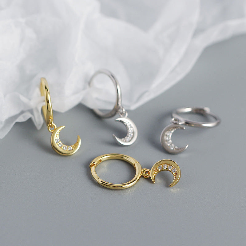 Sweet CZ Crescent Moon 925 Sterling Silver Hoop Earrings - SterlingSilberSchmuck