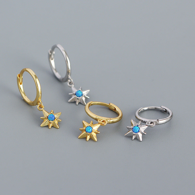 Graduation Created Opal Octagonal Star 925 Sterling Silver Hoop Earrings - SterlingSilberSchmuck