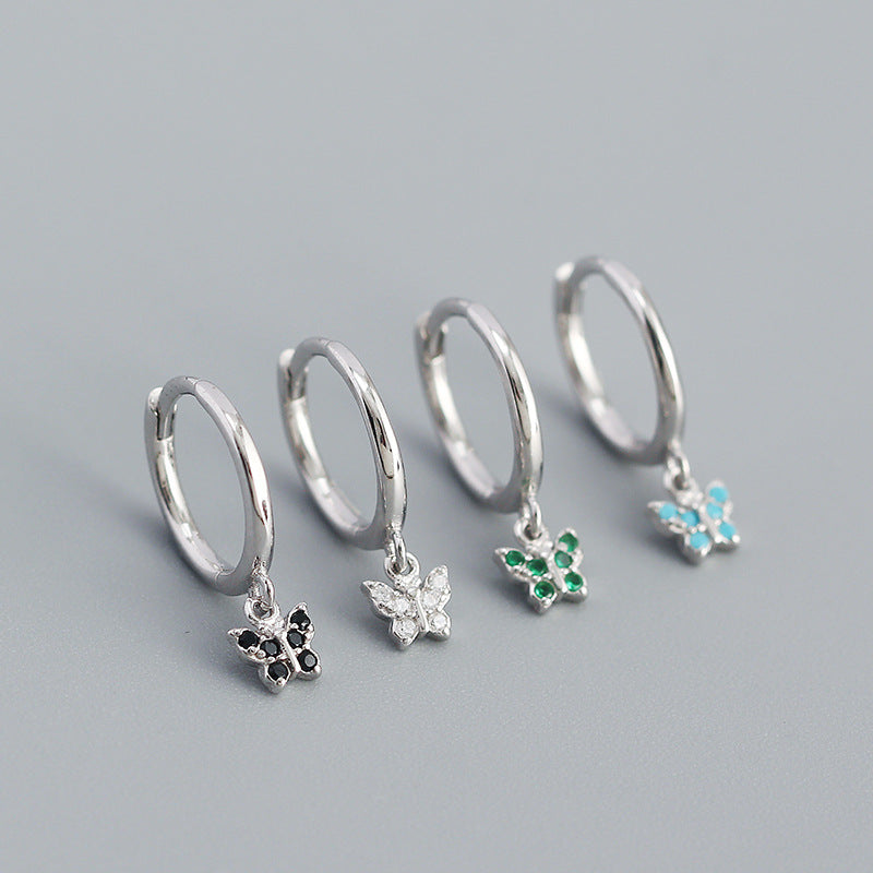 Sweet Mini CZ Flying Butterfly 925 Sterling Silver Hoop Earrings - SterlingSilberSchmuck