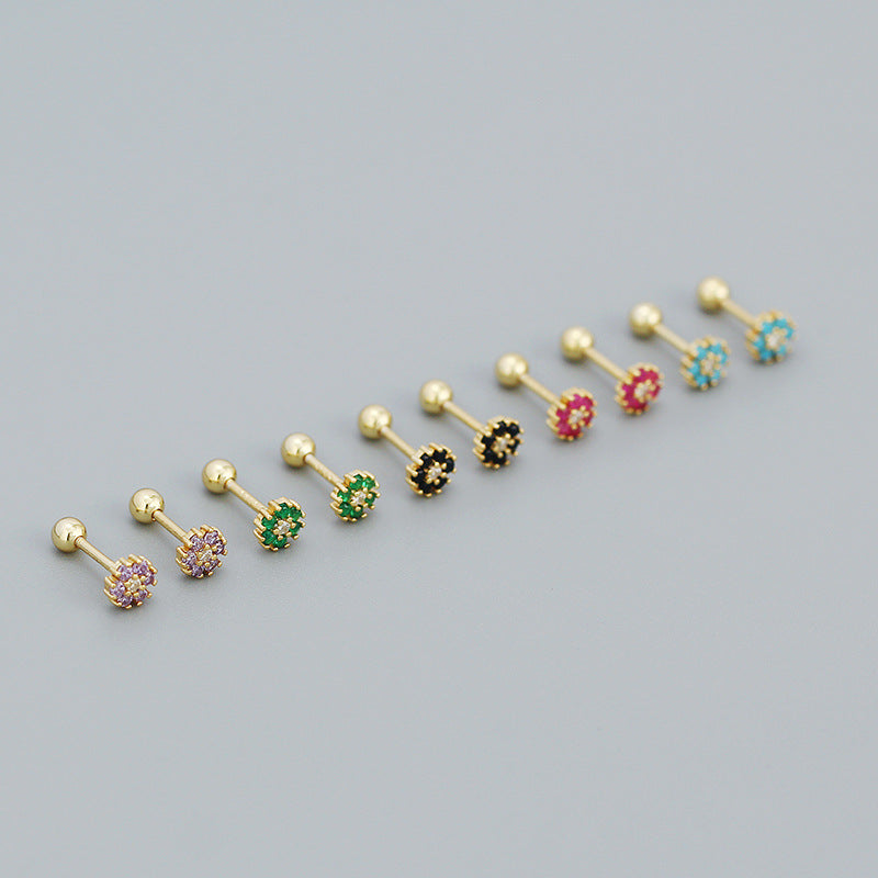 Mini Colorful CZ Flowers 925 Sterling Silver Stud Earrings - SterlingSilberSchmuck