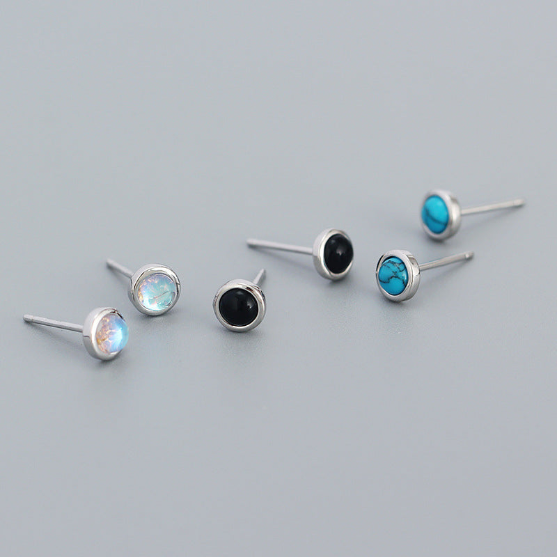 Simple Geometry Round Created Agate Moonstone Turquoise  925 Sterling Silver Stud Earrings - SterlingSilberSchmuck