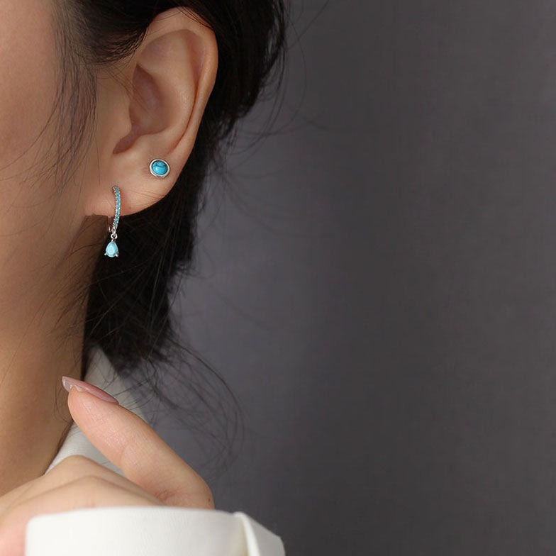 Simple Geometry Round Created Agate Moonstone Turquoise  925 Sterling Silver Stud Earrings - SterlingSilberSchmuck