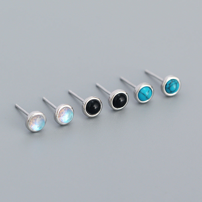 Simple Geometry Round Created Agate Moonstone Turquoise  925 Sterling Silver Stud Earrings - SterlingSilberSchmuck
