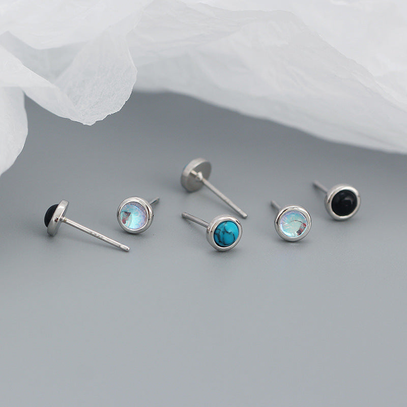 Simple Geometry Round Created Agate Moonstone Turquoise  925 Sterling Silver Stud Earrings - SterlingSilberSchmuck