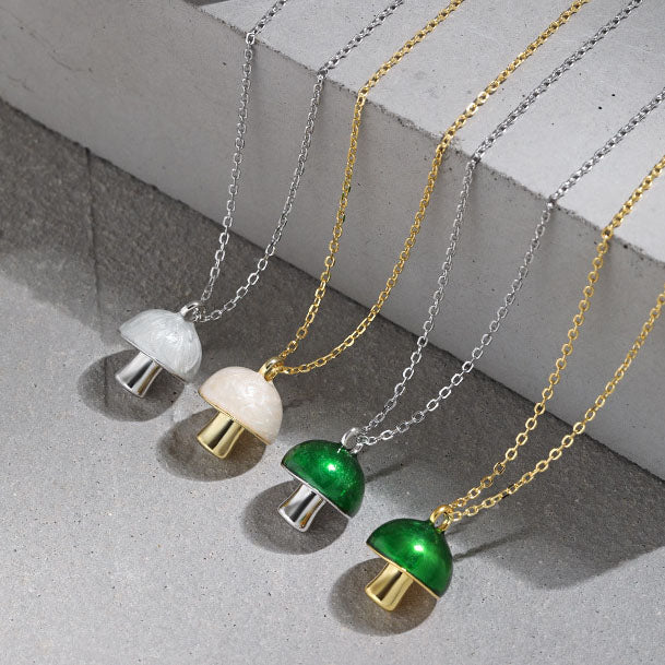 Cute Green Epoxy Mushroom 925 Sterling Silver Necklace - SterlingSilberSchmuck