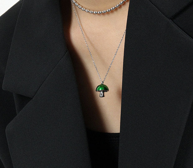 Cute Green Epoxy Mushroom 925 Sterling Silver Necklace - SterlingSilberSchmuck