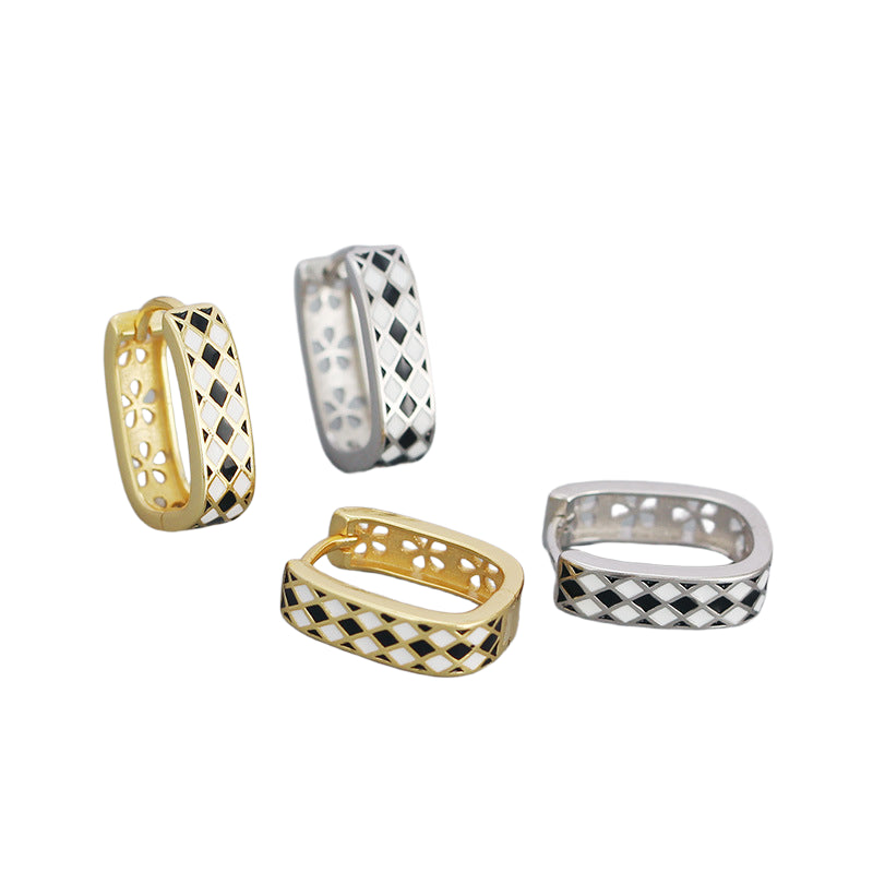 Geometry Black White Chess Board 925 Sterling Silver Huggie Hoop Earrings - SterlingSilberSchmuck