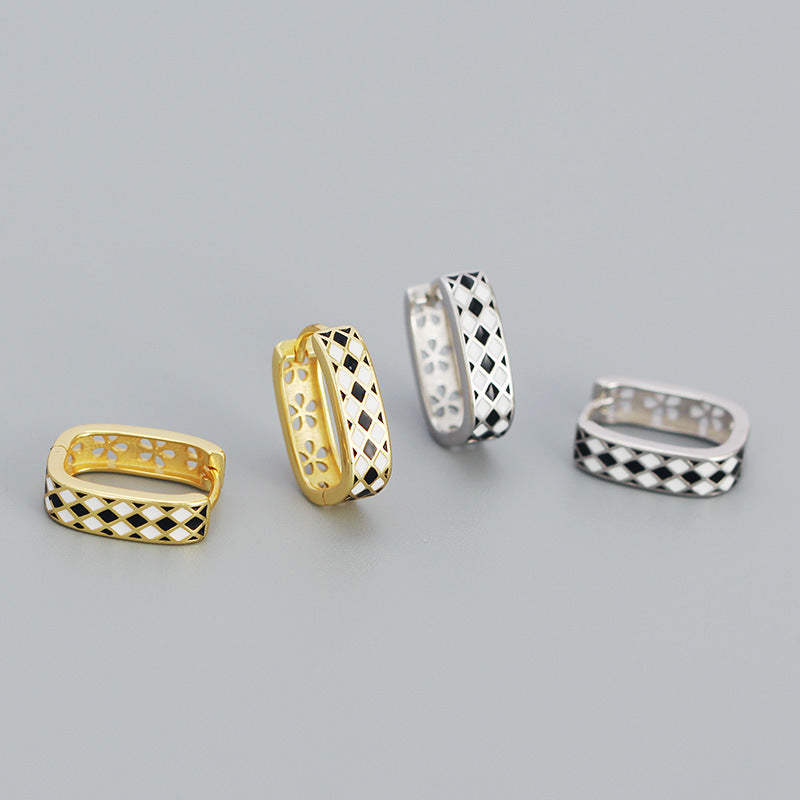 Geometry Black White Chess Board 925 Sterling Silver Huggie Hoop Earrings - SterlingSilberSchmuck