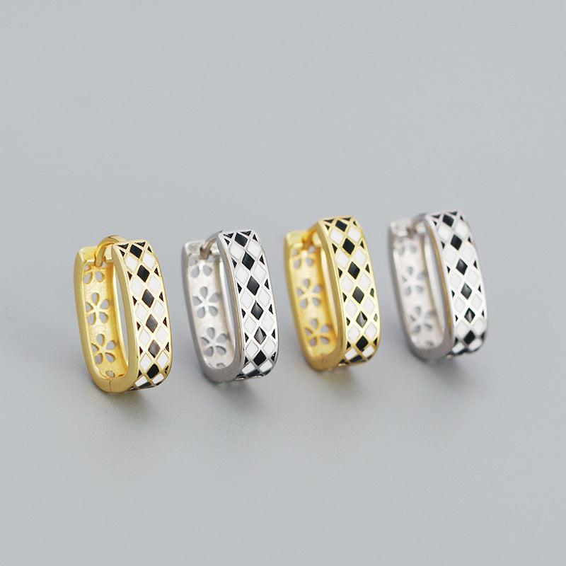 Geometry Black White Chess Board 925 Sterling Silver Huggie Hoop Earrings - SterlingSilberSchmuck