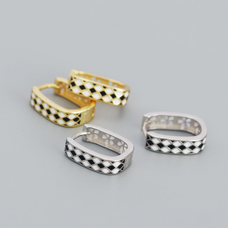 Geometry Black White Chess Board 925 Sterling Silver Huggie Hoop Earrings - SterlingSilberSchmuck