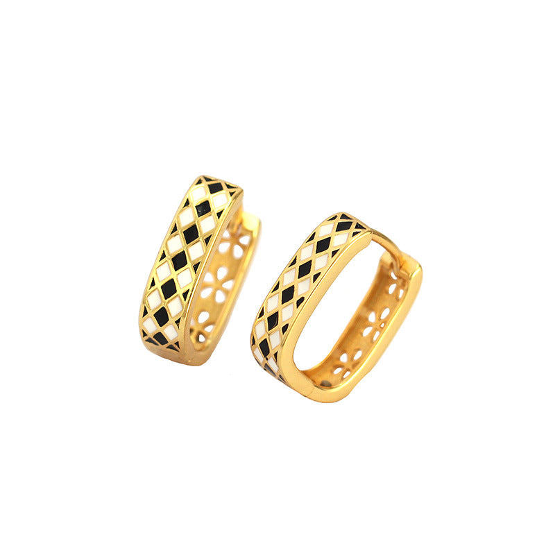 Geometry Black White Chess Board 925 Sterling Silver Huggie Hoop Earrings - SterlingSilberSchmuck