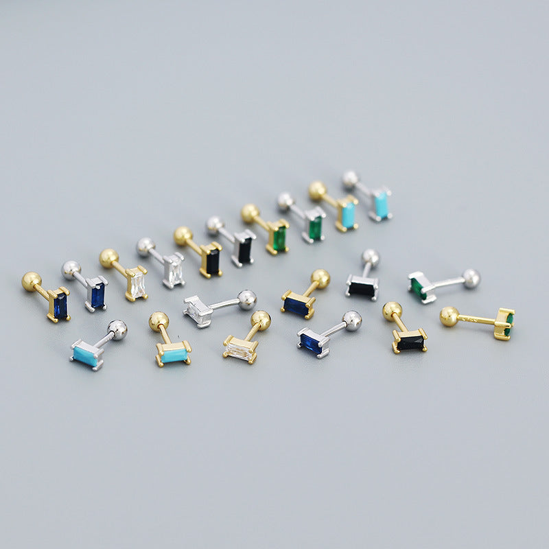 Geometry Mini CZ Rectangle Turquoise 925 Sterling Silver Stud Earrings - SterlingSilberSchmuck