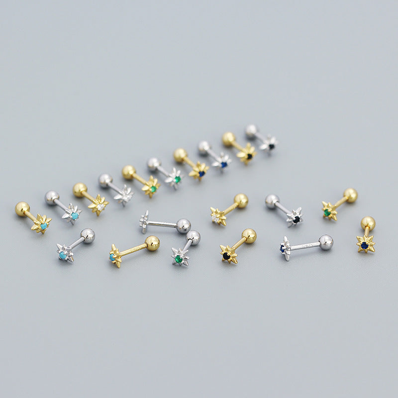 Mini CZ Eight Pointed Star Screw 925 Sterling Silver Stud Earrings - SterlingSilberSchmuck