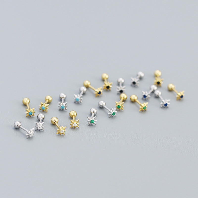 Mini CZ Eight Pointed Star Screw 925 Sterling Silver Stud Earrings - SterlingSilberSchmuck
