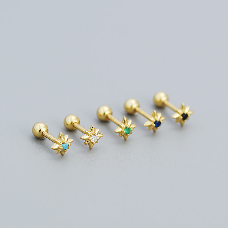 Mini CZ Eight Pointed Star Screw 925 Sterling Silver Stud Earrings - SterlingSilberSchmuck