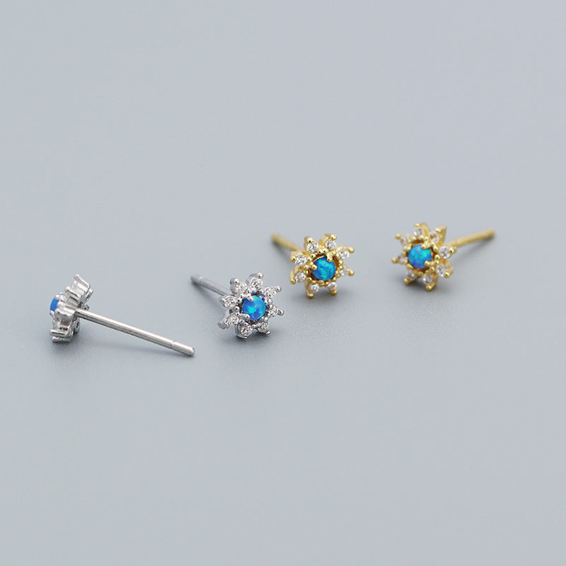 Cute Mini Blue Created Opal CZ Flower 925 Sterling Silver Stud Earrings - SterlingSilberSchmuck
