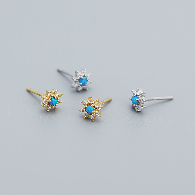 Cute Mini Blue Created Opal CZ Flower 925 Sterling Silver Stud Earrings - SterlingSilberSchmuck