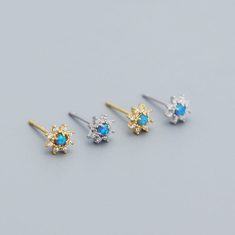 Cute Mini Blue Created Opal CZ Flower 925 Sterling Silver Stud Earrings - SterlingSilberSchmuck