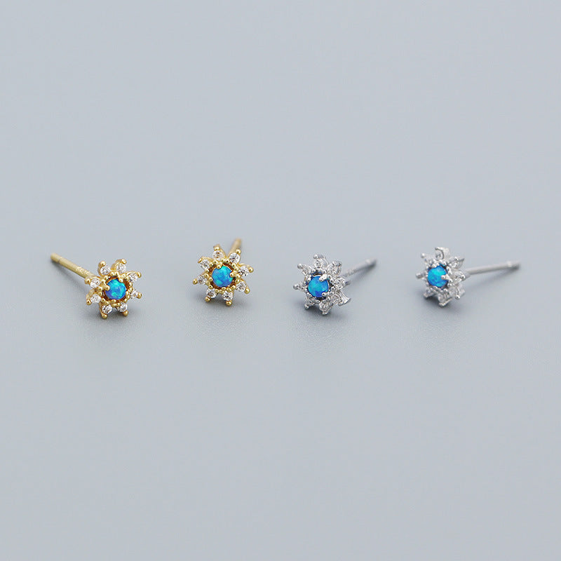 Cute Mini Blue Created Opal CZ Flower 925 Sterling Silver Stud Earrings - SterlingSilberSchmuck