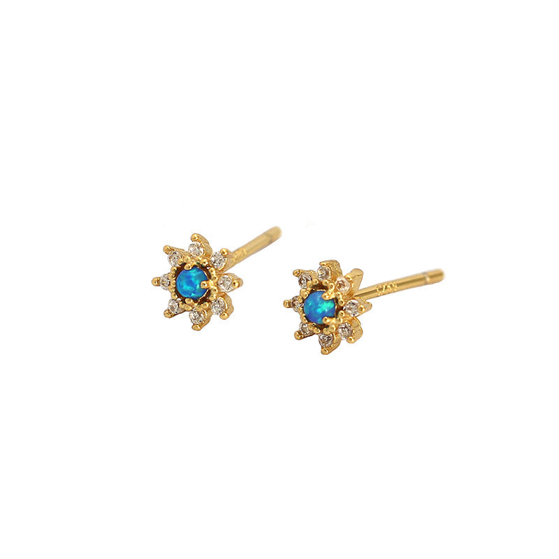 Cute Mini Blue Created Opal CZ Flower 925 Sterling Silver Stud Earrings - SterlingSilberSchmuck