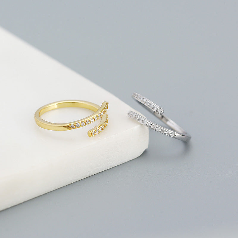 Simple Duo Stagger CZ 925 Sterling Silver Adjustable Ring - SterlingSilberSchmuck