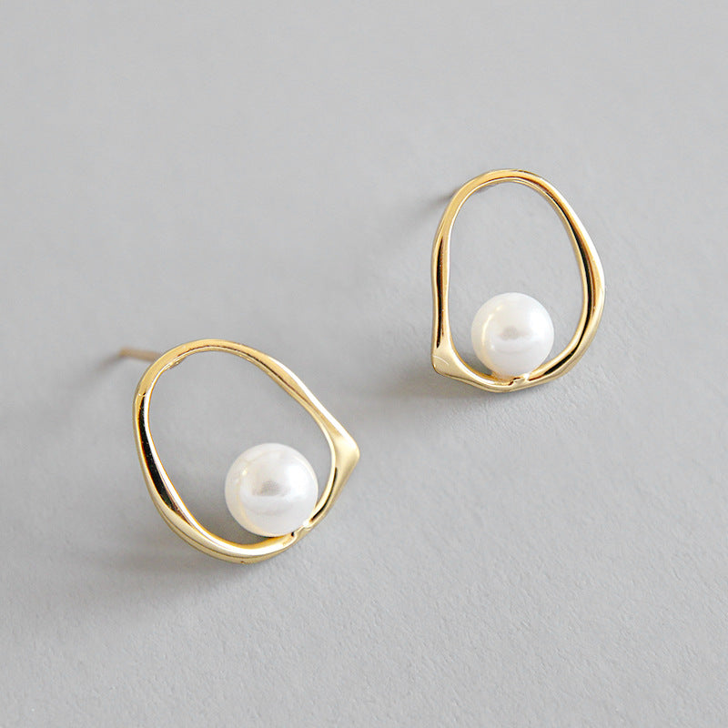 Geometric Round Shell Pearl 925 Sterling Silver Studs Earrings - SterlingSilberSchmuck