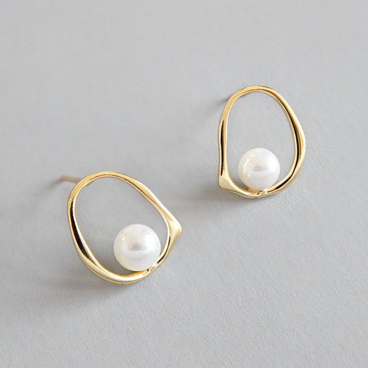 Geometric Round Shell Pearl 925 Sterling Silver Studs Earrings - SterlingSilberSchmuck