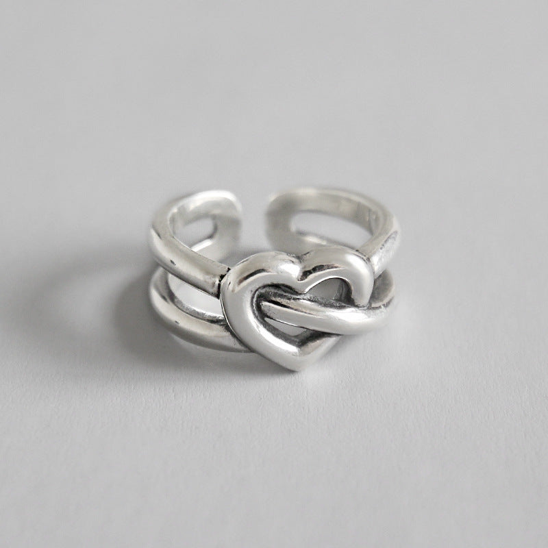 Retro Hollow Herz Ring 925 Sterling Silber verstellbar elegant