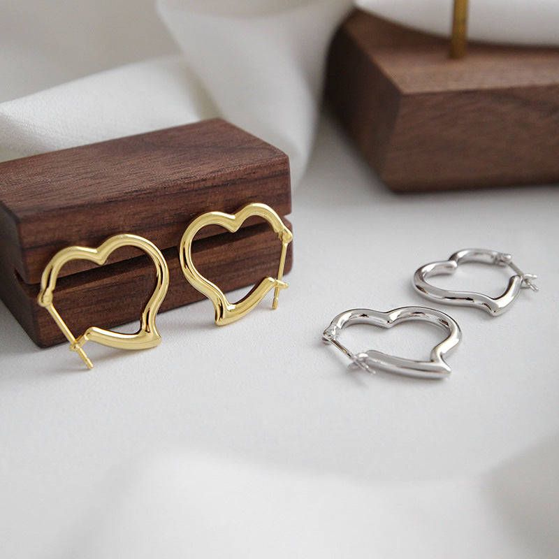 Office Lady Hollow Heart 925 Sterling Silver Hoop Earrings - SterlingSilberSchmuck
