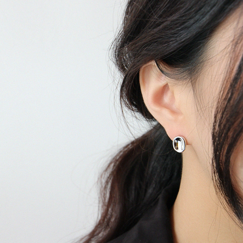 Simple Geometry Ellipse 925 Sterling Silver Studs Earrings - SterlingSilberSchmuck
