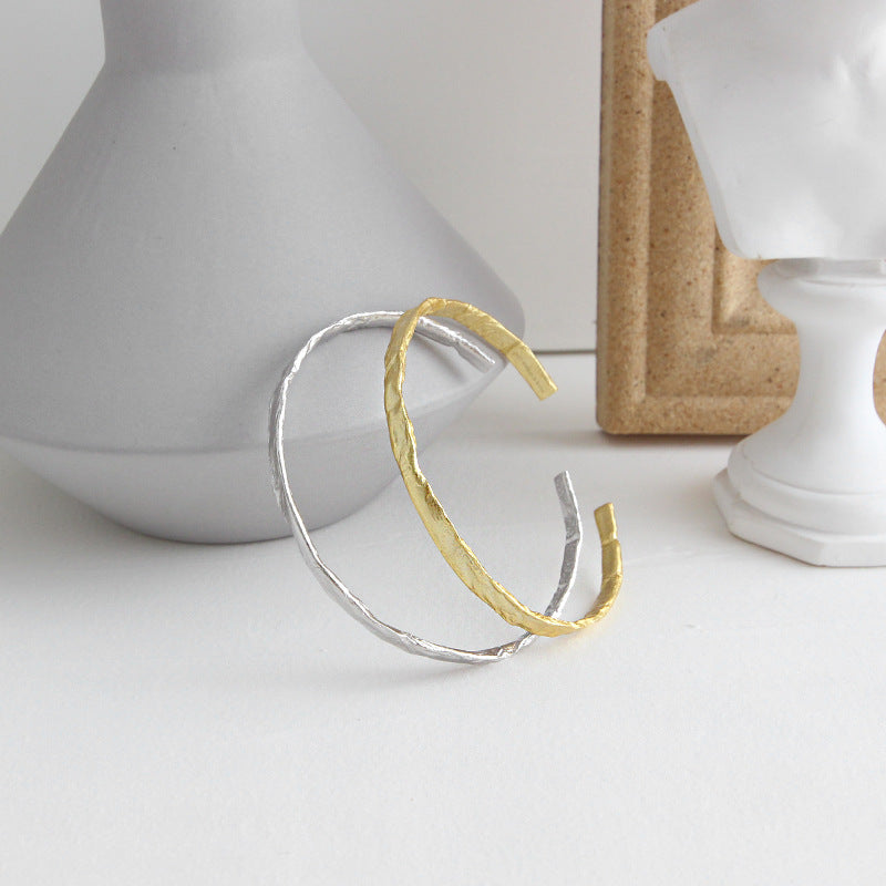 Simple Concave Convex Round 925 Sterling Silver Open Bangle - SterlingSilberSchmuck