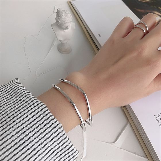 Simple Double Layler 925 Sterling Silver Open Bangle - SterlingSilberSchmuck