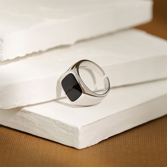 Schwarzer Quadrat Ring 925 Sterling Silber verstellbar modern