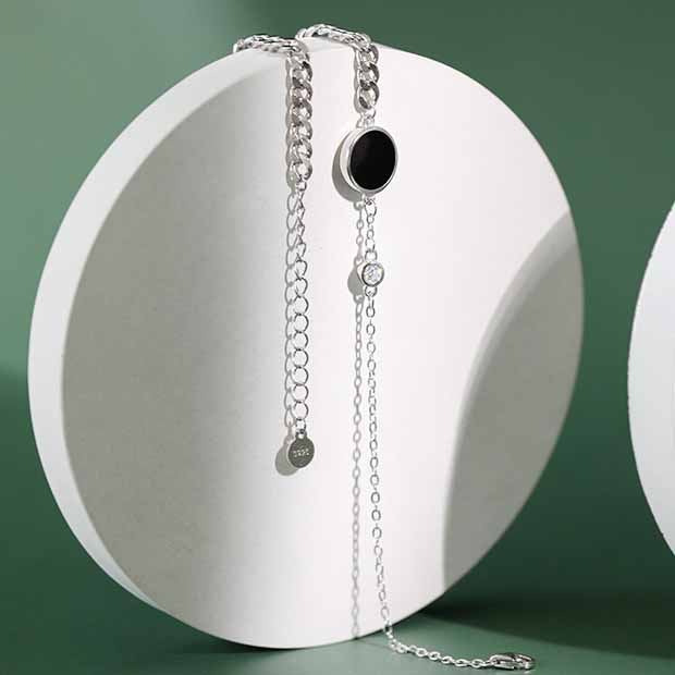 Schwarze CZ Kreis Halskette 925 Sterling Silber elegant modern