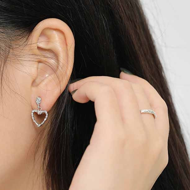Herz Ohrhänger 925 Sterling Silber - Unregelmäßige hohle Herzen