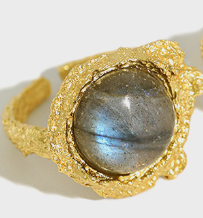 Elegant Round Natural Anemousite/Crystal CZ 925 Sterling Silver Adjustable Ring - SterlingSilberSchmuck