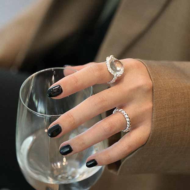 Elegant Round Natural Anemousite/Crystal CZ 925 Sterling Silver Adjustable Ring - SterlingSilberSchmuck