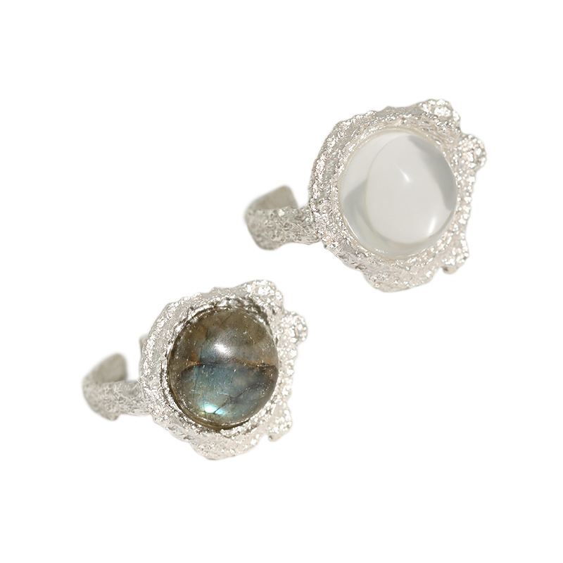 Elegant Round Natural Anemousite/Crystal CZ 925 Sterling Silver Adjustable Ring - SterlingSilberSchmuck