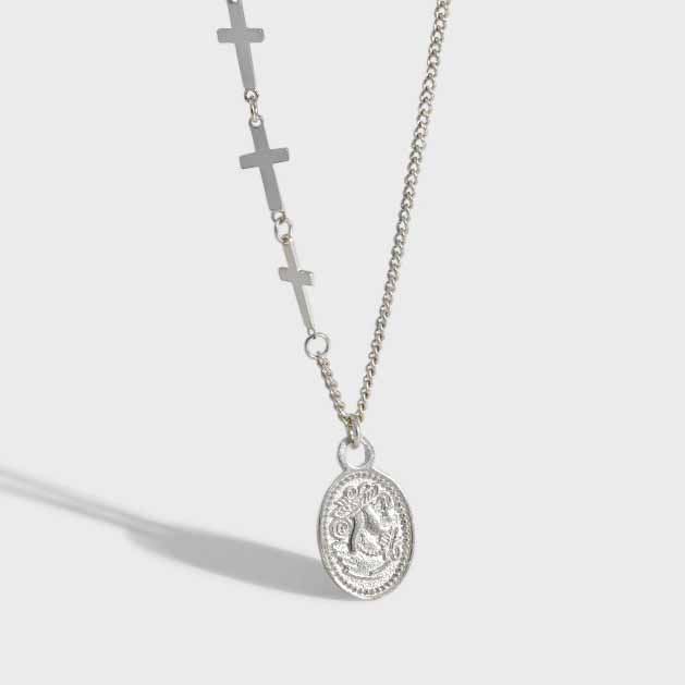 Gift Oval Tag Cross Chain 925 Sterling Silver Necklace - SterlingSilberSchmuck