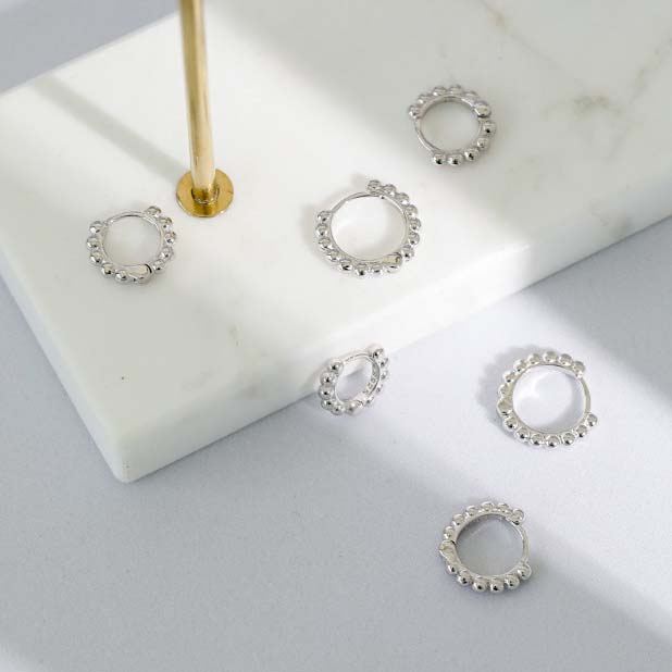 Fashion Beads Circle 925 Sterling Silver Huggie Hoop Earrings - SterlingSilberSchmuck
