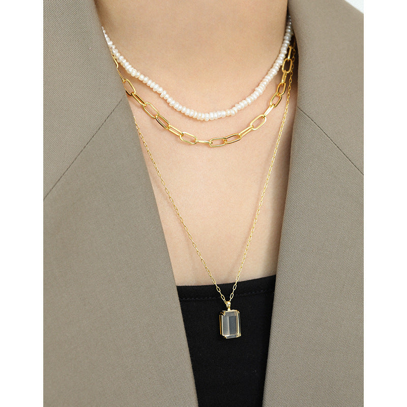 Goldener Sandstein & Kristall Kette - 925 Silber Quadrat Kette