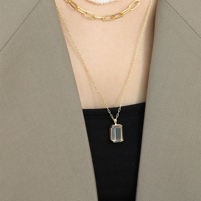 Goldener Sandstein & Kristall Kette - 925 Silber Quadrat Kette