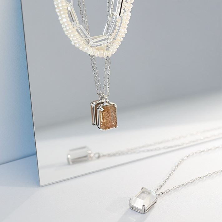 Goldener Sandstein & Kristall Kette - 925 Silber Quadrat Kette