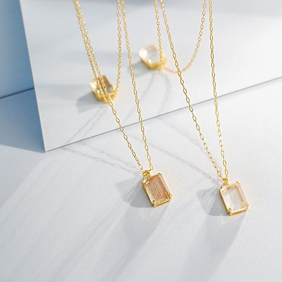 Goldener Sandstein & Kristall Kette - 925 Silber Quadrat Kette