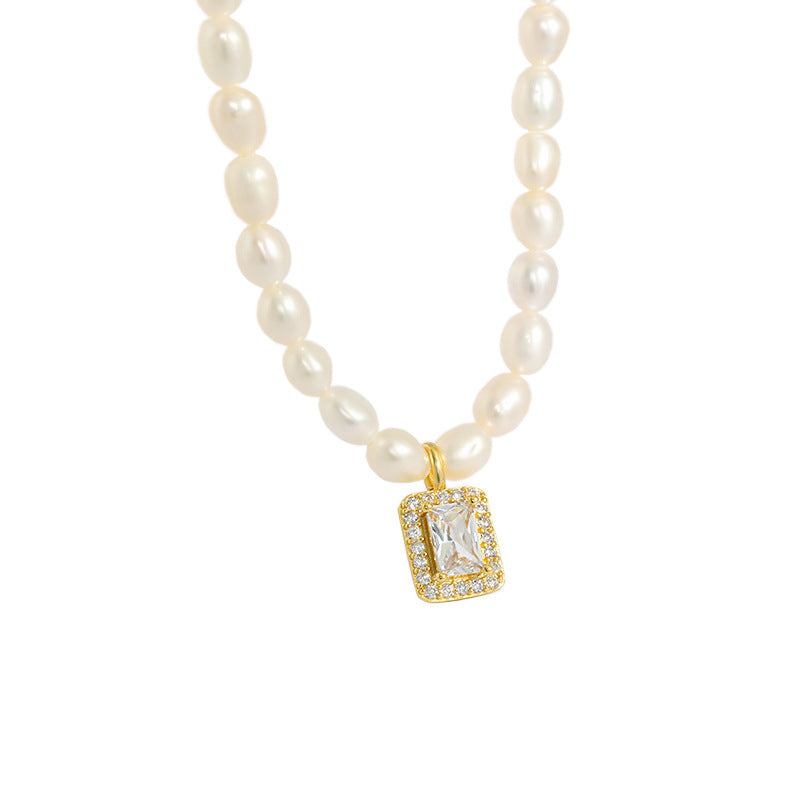 Perlen Rechteck CZ Halskette 925 Sterling Silber elegant modern