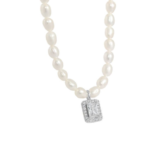 Elegant Natural Pearl Rectangle CZ 925 Sterling Silver Necklace - SterlingSilberSchmuck