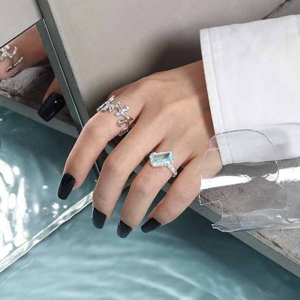 Blauer CZ Ring unregelmäßig 925 Sterling Silber verstellbar modern