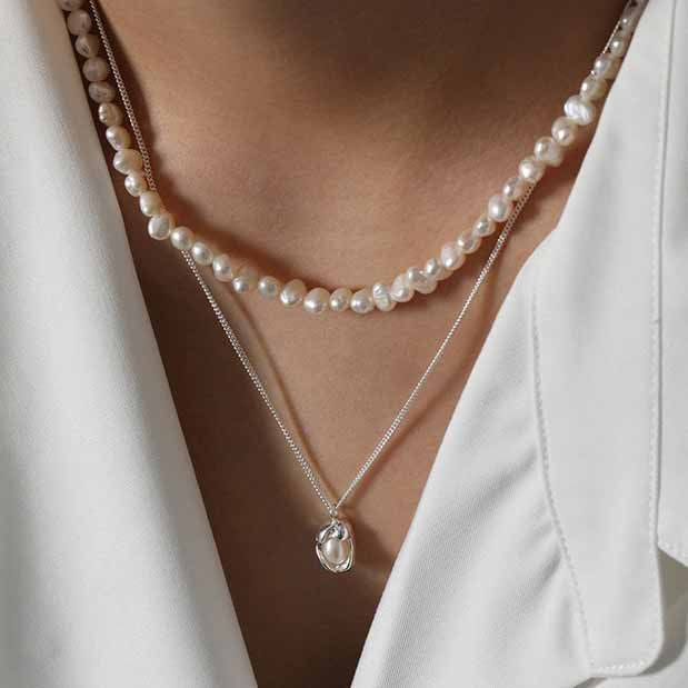 Oval Perlen Halskette 925 Sterling Silber elegant klassisch modern
