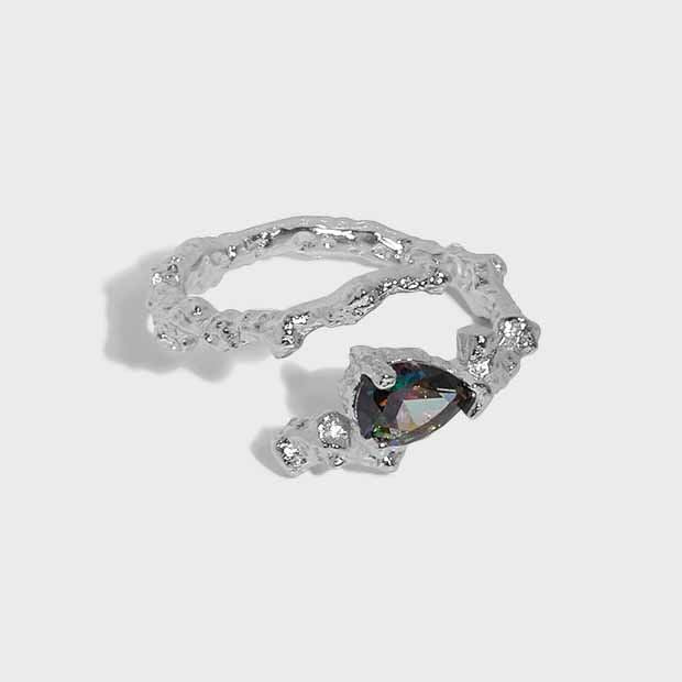 Unique Black Waterdrop CZ Irregular 925 Sterling Silver Adjustable Ring - SterlingSilberSchmuck